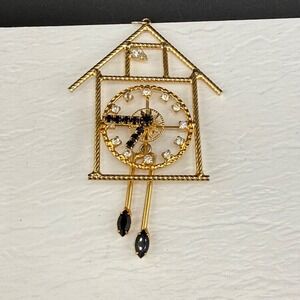 Vintage Estate Clock Brooch Gold Tone Rhinestone Movable Cuckoo Pendant